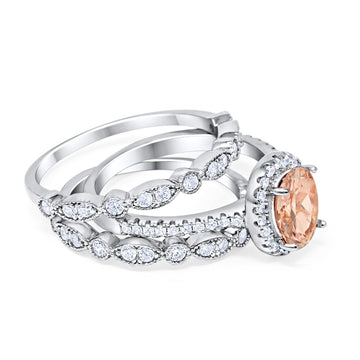 Three Piece Halo Engagement Ring Oval Simulated Morganite CZ 925 Sterling Silver